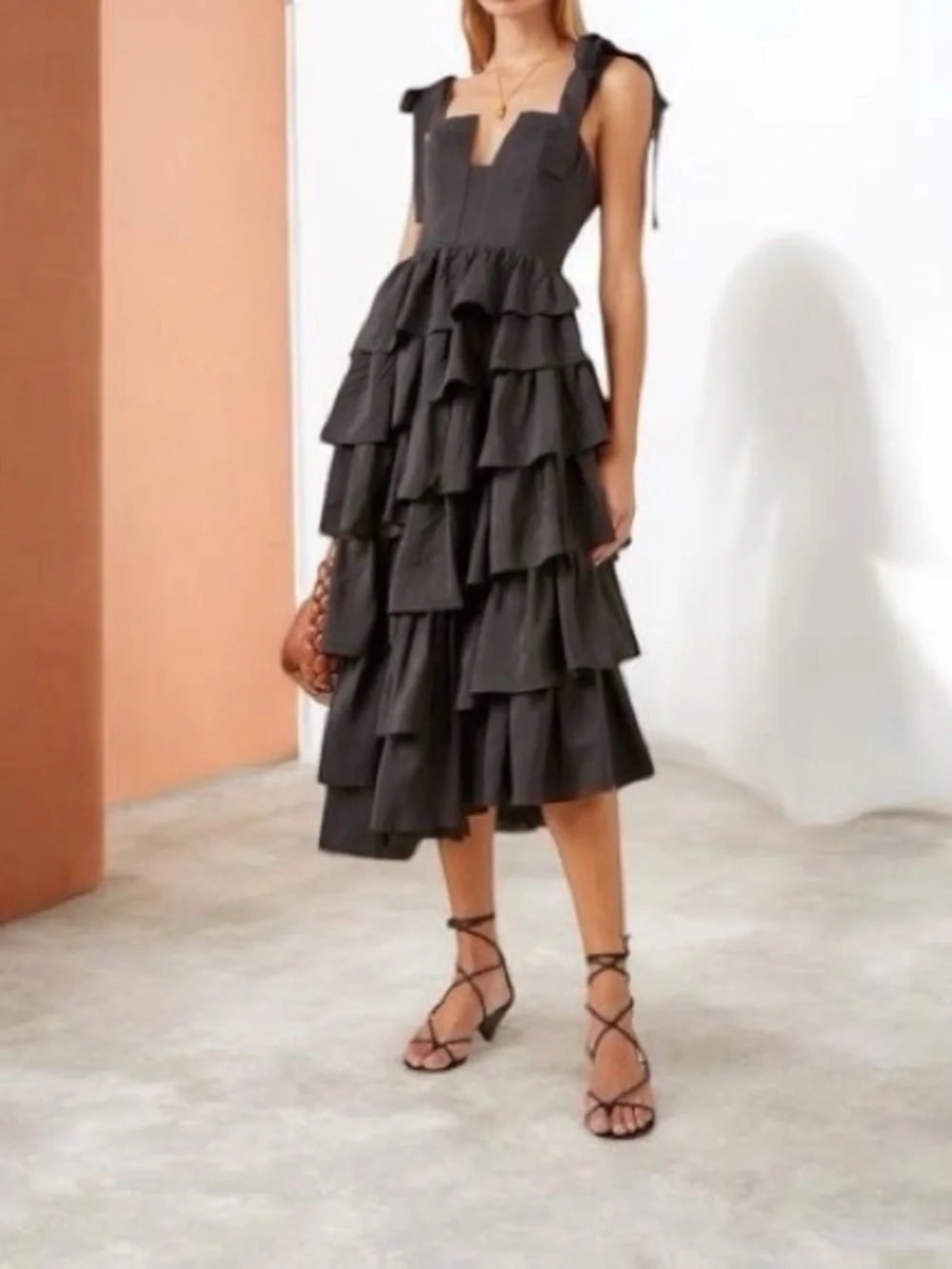 Ulla Johnson Valentina Silk Tiered Ruffle Midi Dress Black 6 NWT - Picture 13 of 15